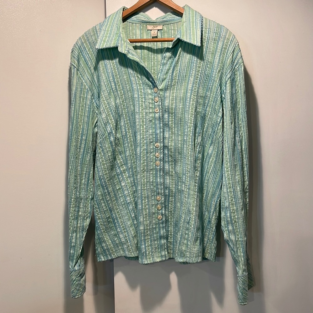 JJill Green/Blue Seersucker Stretch Blouse